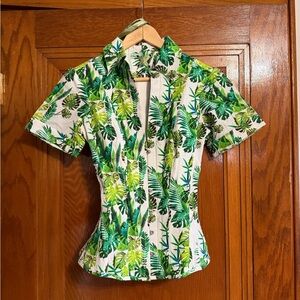 Corset Story Tropical Leaf Print Women's Short Sleeve Button Down Corset Shirt